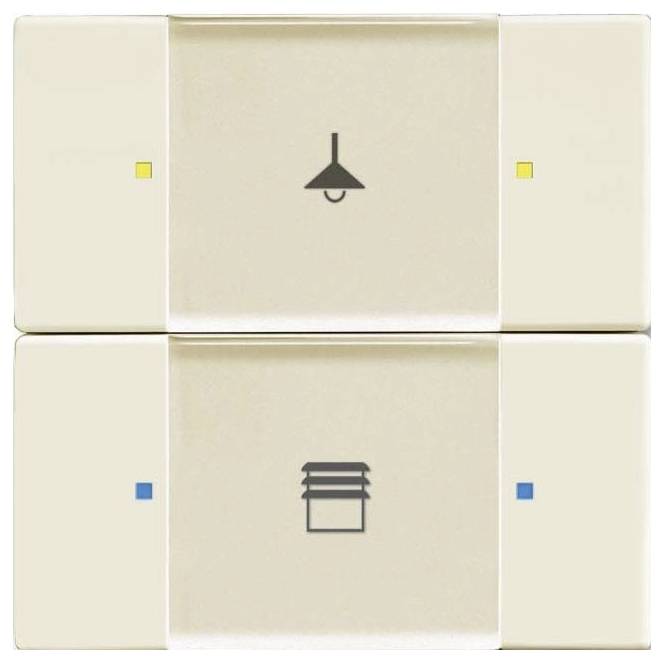 „Zwei Lichtschalter: oben mit einem Symbol einer hängenden Lampe, unten mit einem Symbol aus gestapelten horizontalen Linien, die unterschiedliche Funktionen anzeigen.