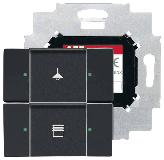 Ein doppelter Schalter mit Symbolen: ein Lampen-Symbol oben und ein Jalousien-Symbol unten, verwendet zur Steuerung von Beleuchtung und Jalousien.