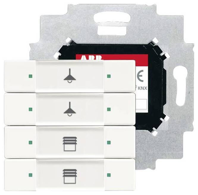 Vier weiße elektrische Schalter mit Symbolen, darunter Lampen und Jalousien, die an einem Montagerahmen angebracht sind und ein Steuerungssystem anzeigen.