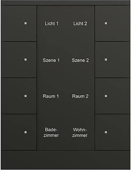 Ein dunkles Bedienfeld mit beschrifteten Tasten für 'Licht 1', 'Licht 2', 'Szene 1', 'Szene 2', 'Raum 1', 'Raum 2', 'Badezimmer', 'Wohnzimmer'.
