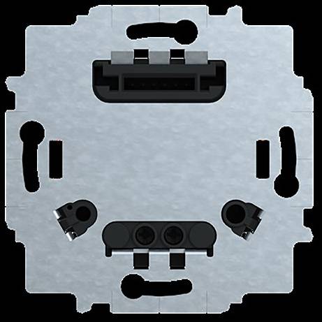 Metallische Komponente mit einem zentralen rechteckigen Schlitz und kreisförmigen Vertiefungen auf beiden Seiten, möglicherweise eine Montageklammer oder Platte.