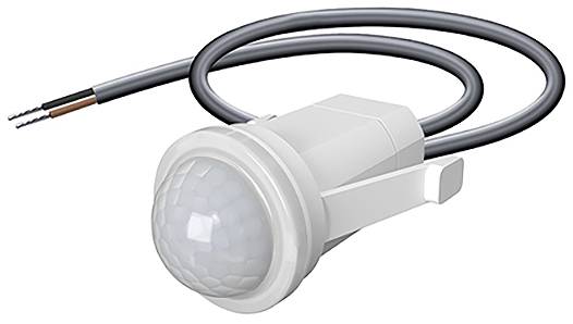 Ein Nahaufnahmebild eines weißen Bewegungssensors mit Drähten, entwickelt zur Bewegungserkennung.