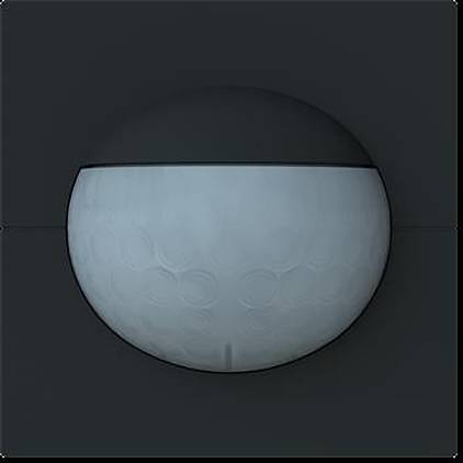 Ein kugelförmiges Objekt, das einer Leuchte oder einem Sensor ähnelt, teilweise in eine dunkle Wand eingebettet. Die sichtbare Oberfläche wirkt strukturiert.