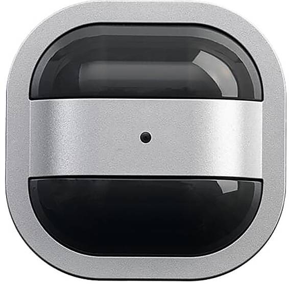 Ein kompaktes, elegantes, quadratisches Gerät mit abgerundeten Kanten und einem strukturierten Metallband in der Mitte, wahrscheinlich ein Sensor.