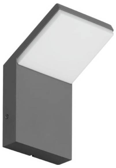 Modernes graufarbenenes Außenwandleuchte mit geneigtem rechteckigem LED-Panel oben auf einem würfelförmigen Sockel.