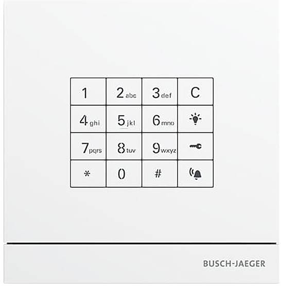 Ein weißes Bedienfeld mit einer numerischen Tastatur mit den Ziffern 0 bis 9, Buchstaben, einem Glühbirnensymbol und einem Glockensymbol, gekennzeichnet mit „Busch-Jaeger