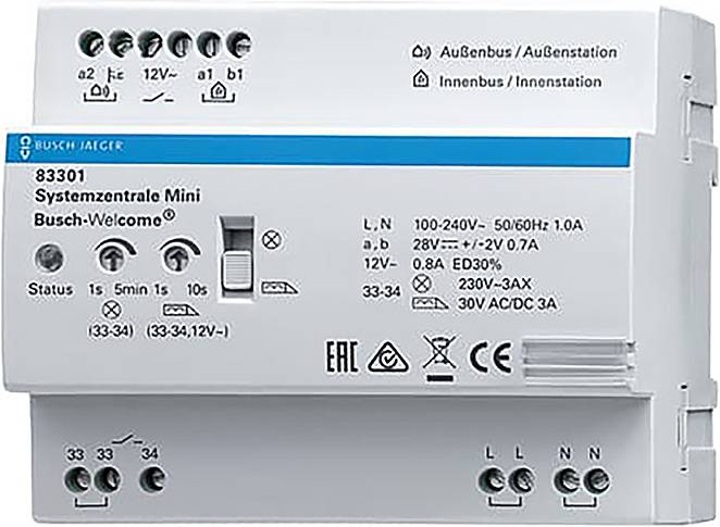 'Busch-Jaeger Systemzentrale Mini' Gerät für Sprechanlagenanlagen, mit verschiedenen Ein-/Ausgangsoptionen und Stromversorgungsspezifikationen.