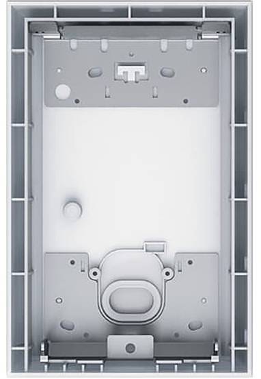 Rechteckiges metallisches Gehäuse mit verschiedenen Befestigungsbeschlägen und einer zentralen Öffnung, das für die Unterbringung elektronischer Komponenten konzipiert ist.