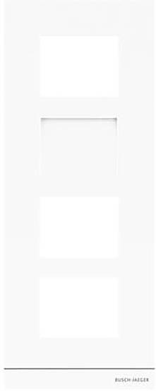 Ein dreipoliges weißes Schalttafelpanel ohne installierte Schalter, mit dem Markennamen Busch-Jaeger in der unteren rechten Ecke.