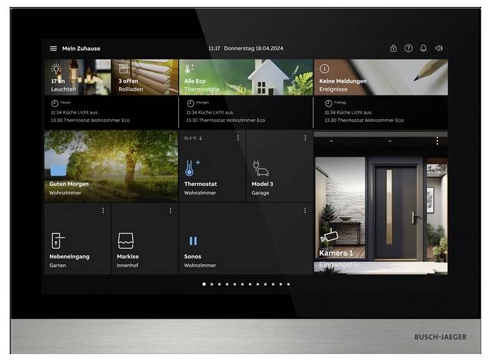 Smart-Home-Kontrollpanel mit Einstellungen für Beleuchtung, Thermostat und Sicherheit. Zeigt Datum, Uhrzeit und verschiedene Systemstatus an.