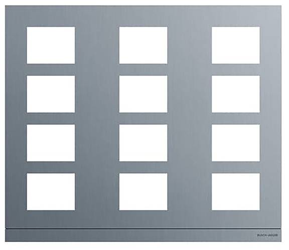 Ein Metallpaneel mit acht rechteckigen Ausschnitten, die in zwei Spalten und vier Reihen angeordnet sind, möglicherweise zur Montage oder Organisation verwendet.