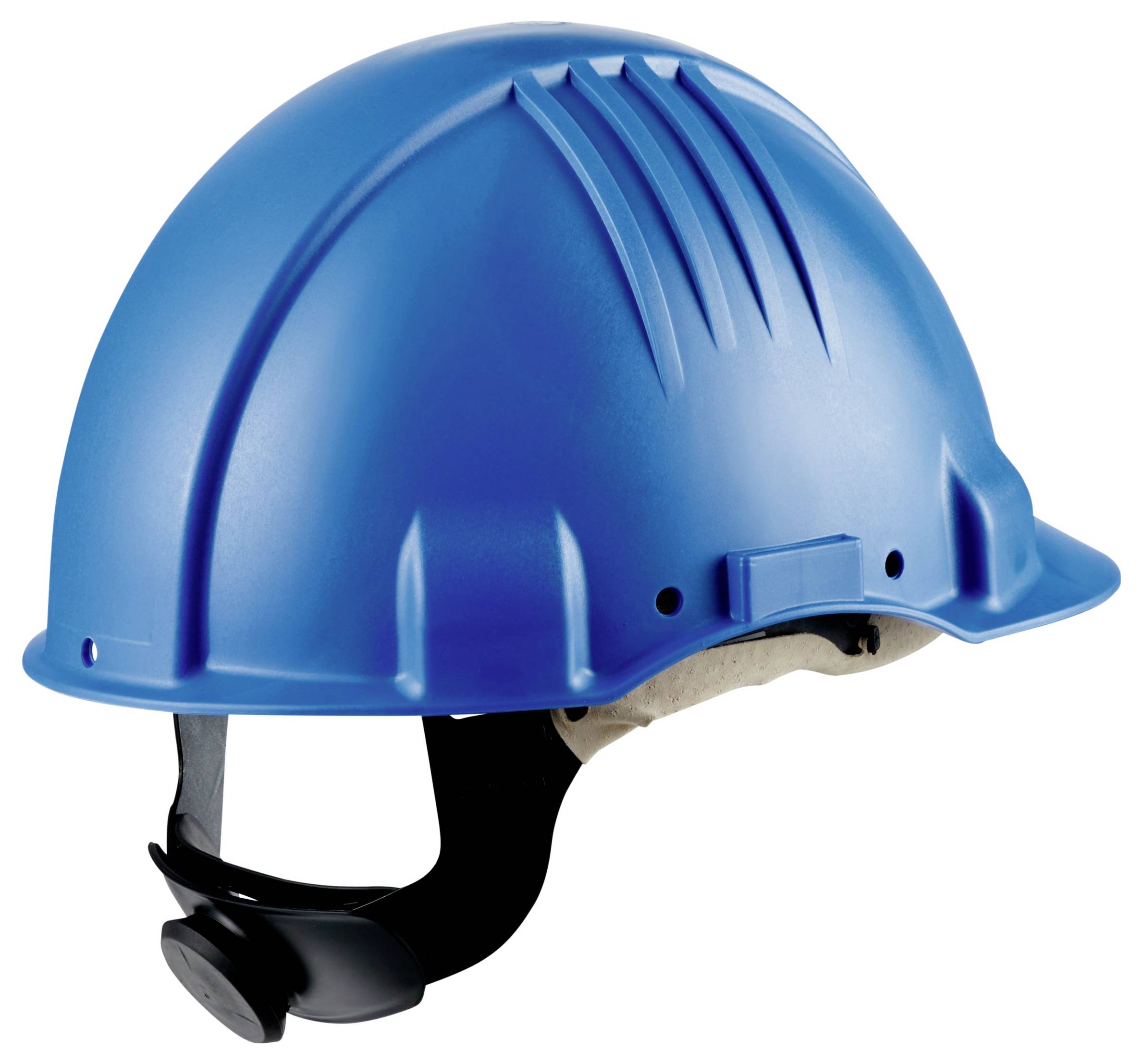 Ein blauer Schutzhelm mit verstellbarem Kinnriemen, der zum Schutz des Kopfes auf Baustellen verwendet wird.