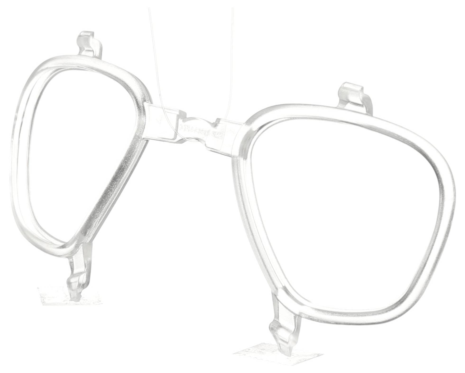 Klare Schutzbrillenfassungen ohne Gläser, mit verstellbaren Nasenpads und Seitenschildern zum Schutz.
