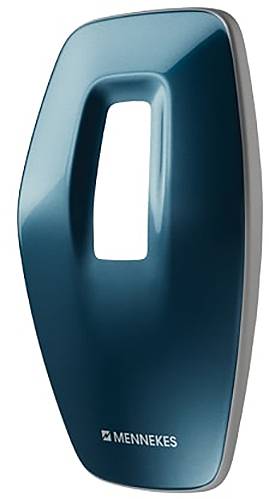 Eine schlanke, moderne blaue Ladestation mit dem Logo 