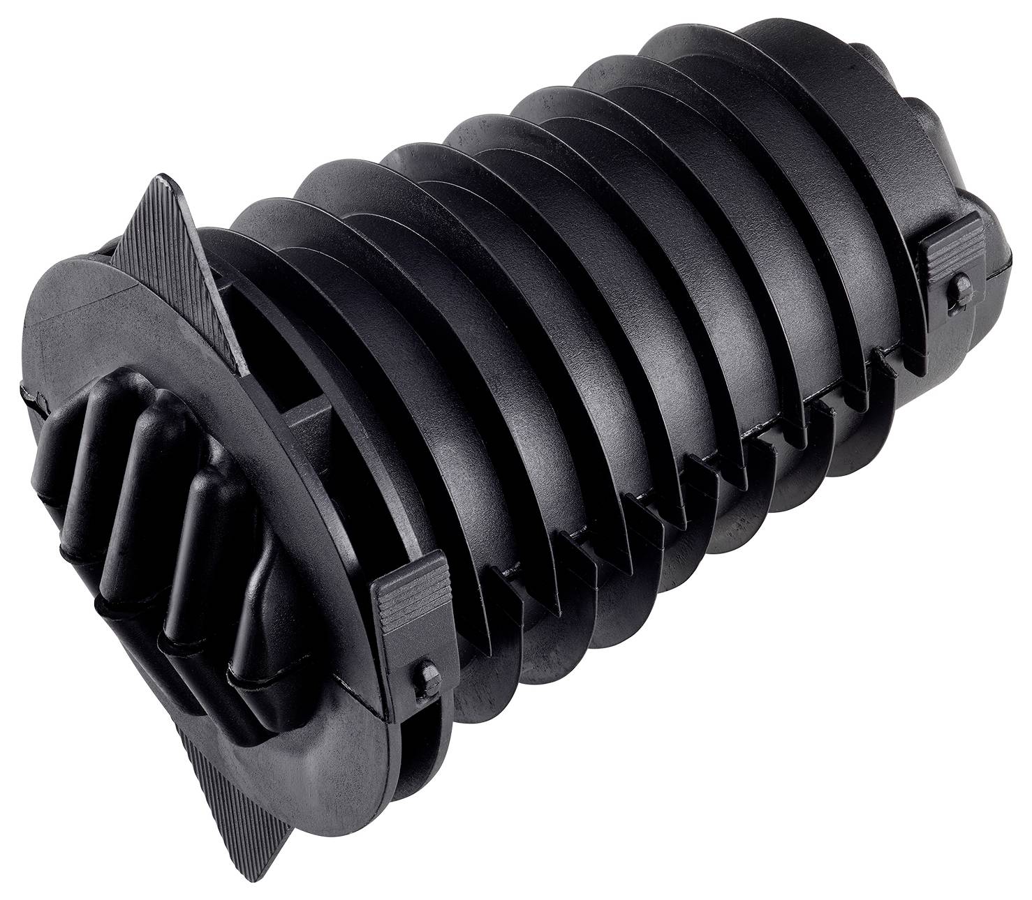 Ein kleines schwarzes elektronisches Gerät mit mehreren Anschlüssen und einer Kennzeichnung mit technischen Spezifikationen und Sicherheitszertifizierungssymbolen.