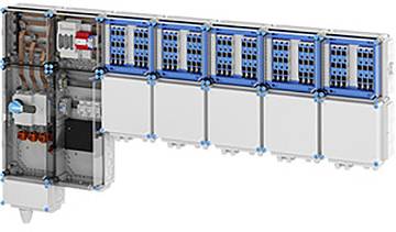 Ein Schaltschrank mit mehreren modularen blaugrauen Schaltkomponenten, mit Verdrahtung und Konnektivität in einem transparenten Gehäuse.