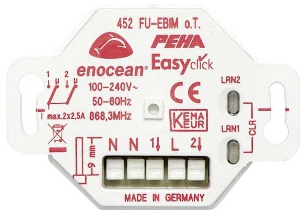 Funkmodul ‚Enocean Easyclick 452 FU-EBIM O.T.', weißes Gehäuse, mehrere Anschlussanschlüsse mit den Bezeichnungen LRN1, LRN2, für 100-240V, hergestellt in Deutschland.