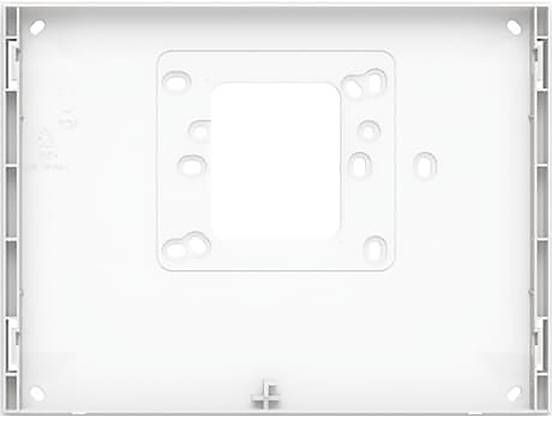 Ein weiß montiertes Bewegungssensor an der Wand mit rechteckigem Design, mit einem mattiertem Erkennungsbereich in der Mitte.