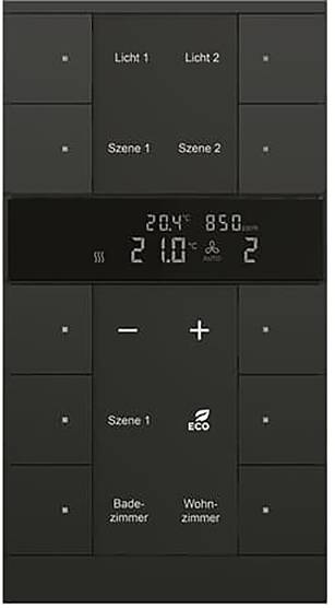 Bedienfeld mit Temperaturanzeige 21,0°C, Lüfterdrehzahl-Symbol und Schaltflächen für Beleuchtung, Szenen, Temperaturregelung und Räume.