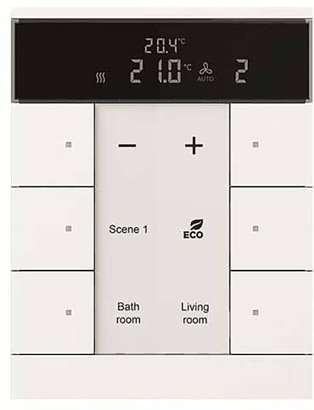 Der Thermostat-Display zeigt 20,4°C und ist auf 21°C eingestellt. Tasten mit den Bezeichnungen Scene 1, ECO, Badezimmer und Wohnzimmer sind sichtbar.