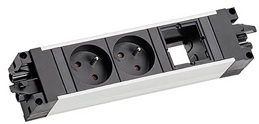 Eine duale europäische Steckdose, die in einem rechteckigen Gehäuse montiert ist, mit einem Platz für eine zusätzliche Komponente auf der rechten Seite.