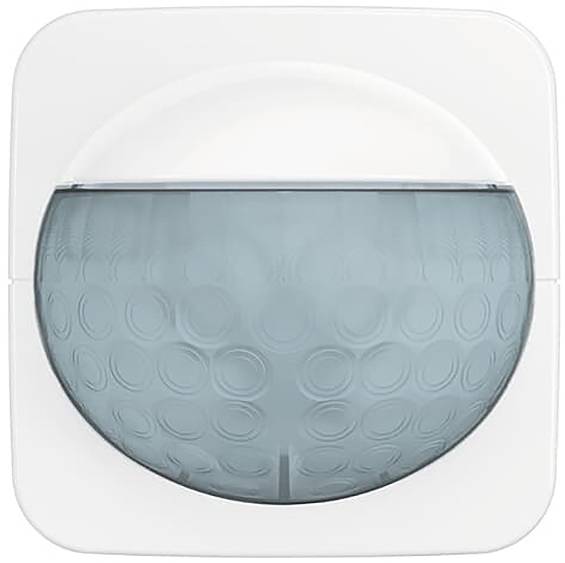 Ein moderner, kugelförmiger Bewegungsmelder mit einer strukturierten, halbtransparenten blauen Oberfläche in einem weißen quadratischen Gehäuse.