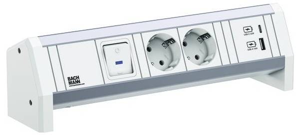 Steckerleiste mit zwei Steckdosen, USB-C- und USB-A-Anschlüssen sowie Ein-/Ausschalter, für die Montage auf Schreibtisch oder Tisch konzipiert.