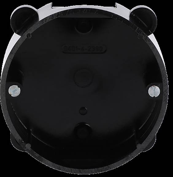 Rundes schwarzes Kunststoffgehäuse mit drei sichtbaren Schraubenlöchern, wahrscheinlich für Befestigungszwecke. Keine Beschriftung oder zusätzliche Merkmale vorhanden.