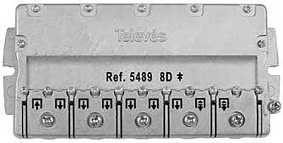Televes Ref. 5489 8D Metallverteiler mit sechs gekennzeichneten Ausgangssteckern, verwendet zur Verteilung von Fernsehsignalen.