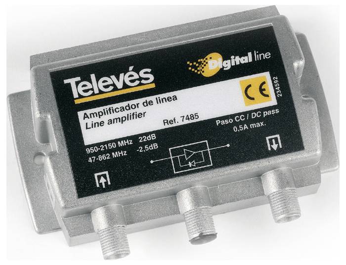Televes Digital Line Verstärker, Modell Ref. 7485, für 950-2150 und 47-862 MHz, Verstärkung 22 dB und -2,5 dB, DC-Durchgang, 0,5A max.