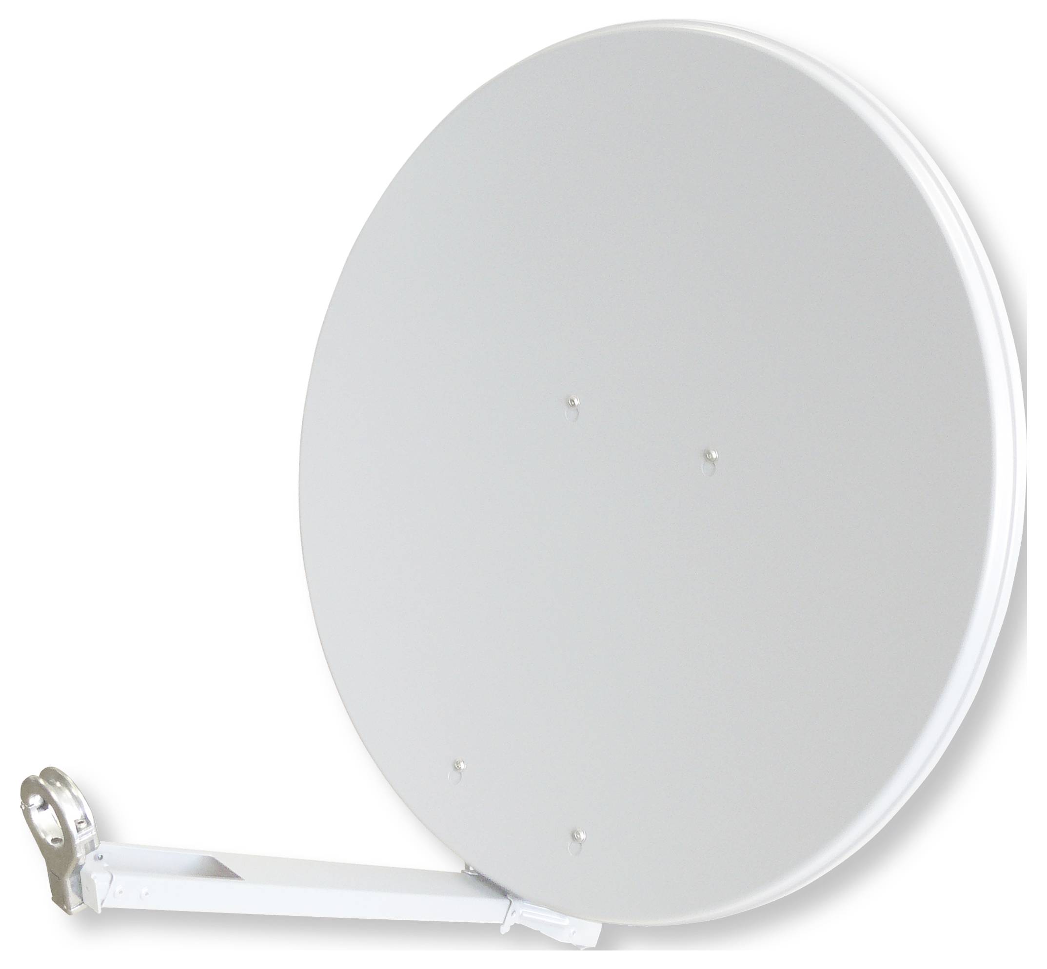 Eine große, graue Satellitenschüssel mit einem metallischen Trägerarm, die zum Empfang von Rundfunksignalen verwendet wird.