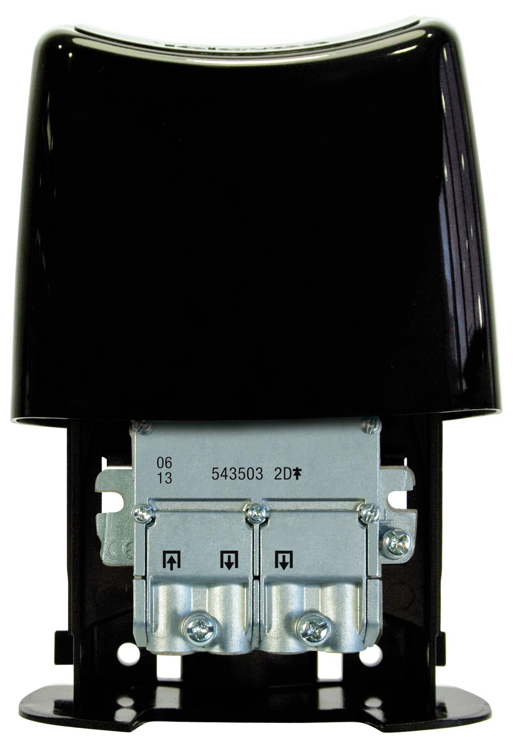 Ein schwarzes, rechteckiges elektronisches Gerät mit freiliegenden Schaltungselementen und mehreren Anschlussports an der Basis.