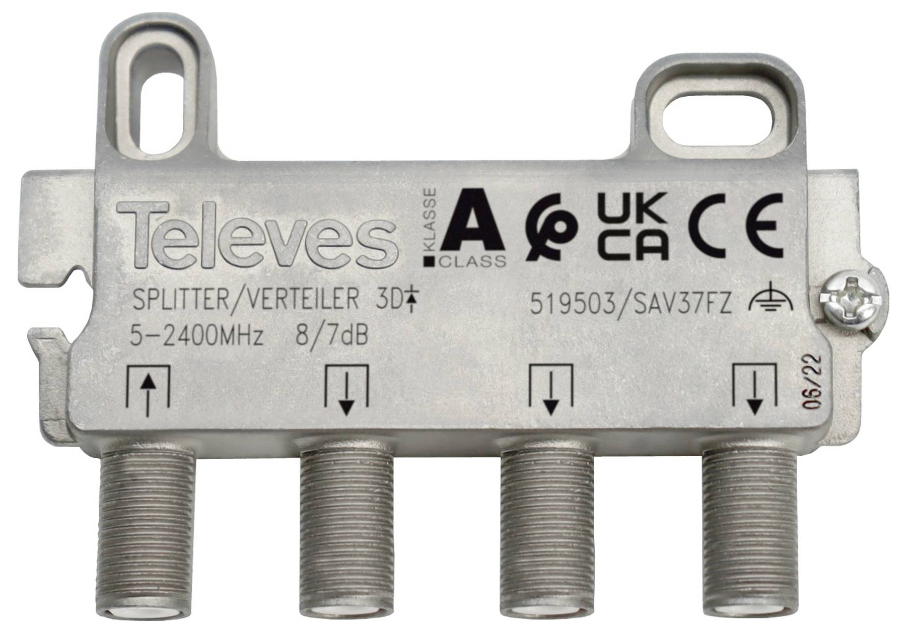 Televes 4-fach Verteiler, 5-2400 MHz, 8/7 dB, Modell 519503/SAV37FZ, UK CA und CE gekennzeichnet, zur Signalverteilung.
