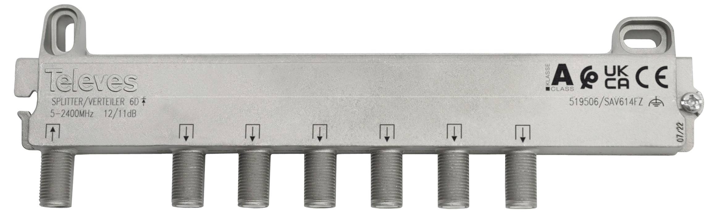Ein silberner Televes-Verteiler für TV und SAT mit sechs Ausgängen, gekennzeichnet mit S-2400MHz, 12/18dB, mit verschiedenen Zertifizierungszeichen.
