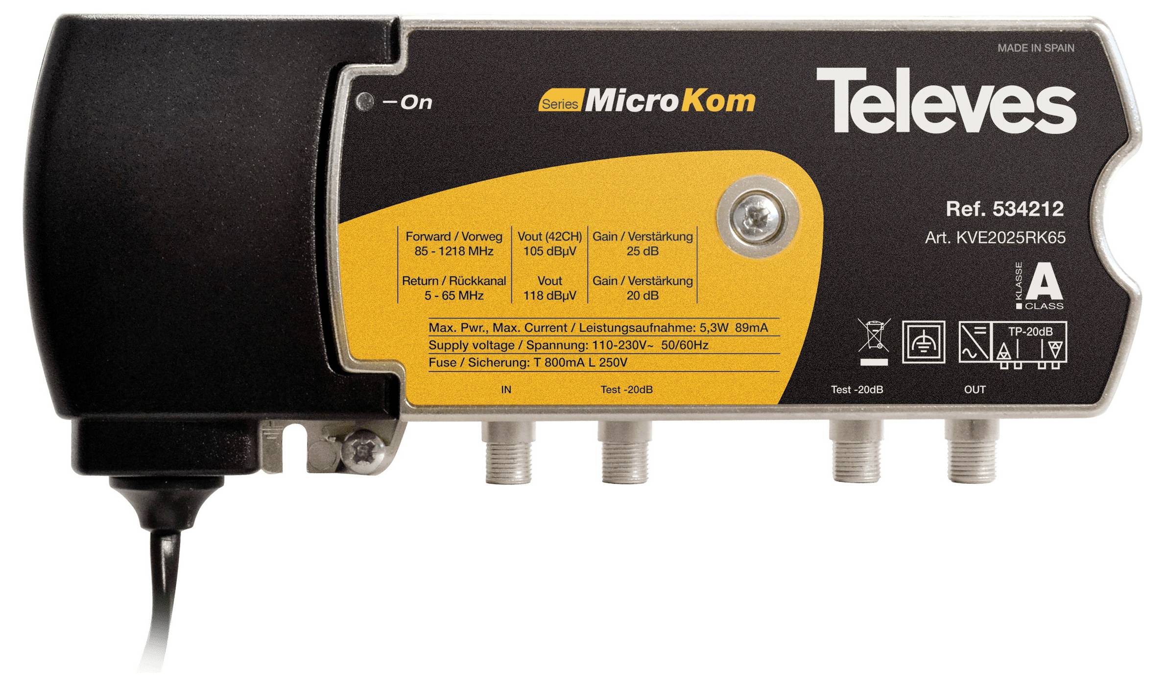 Antennenverstärkergerät mit Modellnummer Televes 534212, ausgestattet mit Vorwärts- und Rückwärtsfrequenzangaben sowie Verstärkungsstufen.