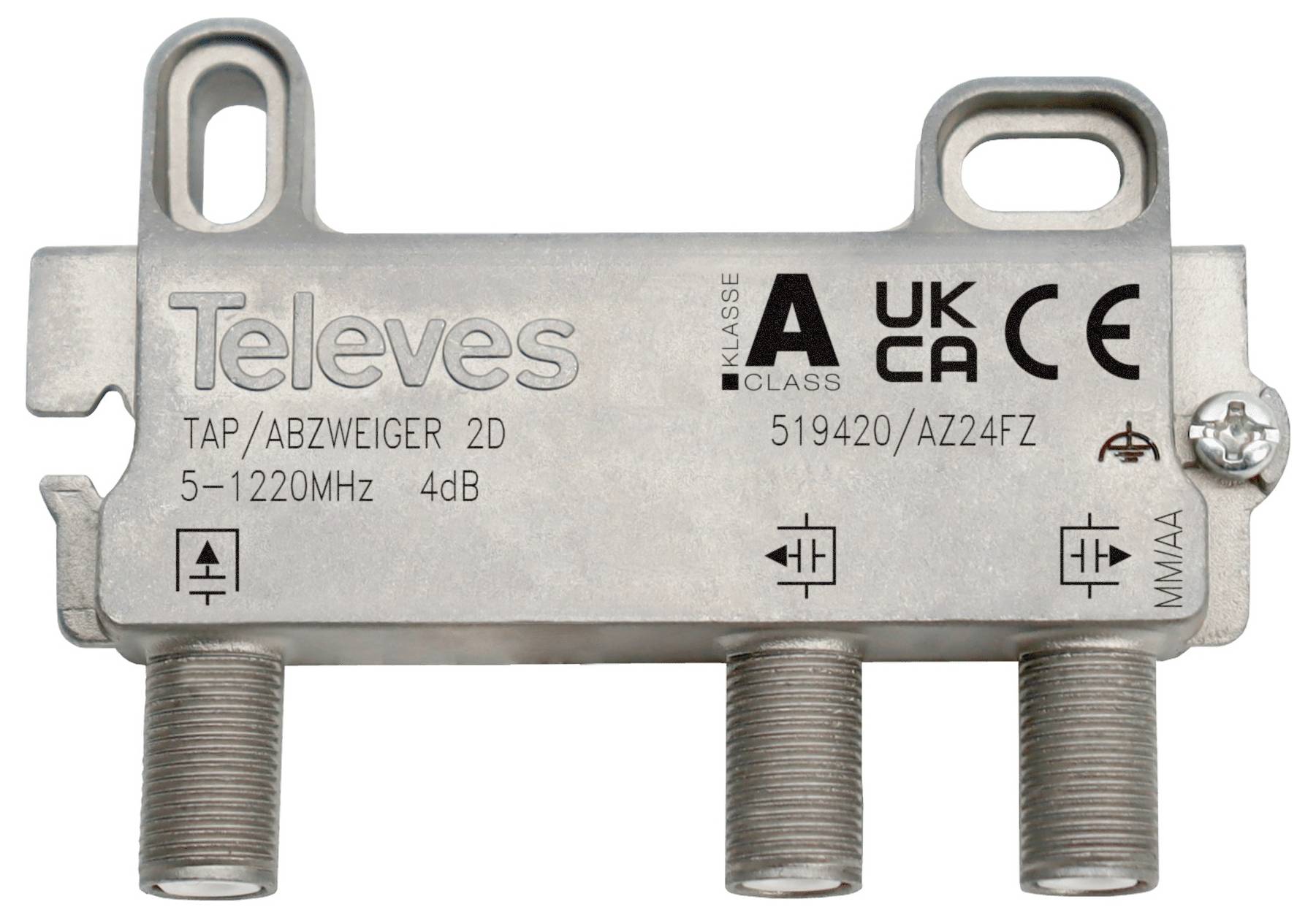 Ein Metallfernsehsignalverteiler mit zwei Eingängen, gekennzeichnet für 5-1220MHz, 4dB, Klasse A, entspricht den UKCA- und CE-Normen.