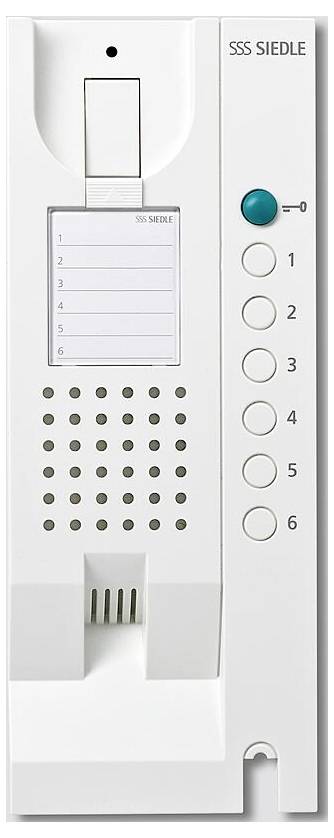 Gegensprechanlage mit sechs Tasten mit den Nummern 0 bis 6, Sprechergitter, Handgelenksschlitz und einer kleinen LED-Anzeigelampe.