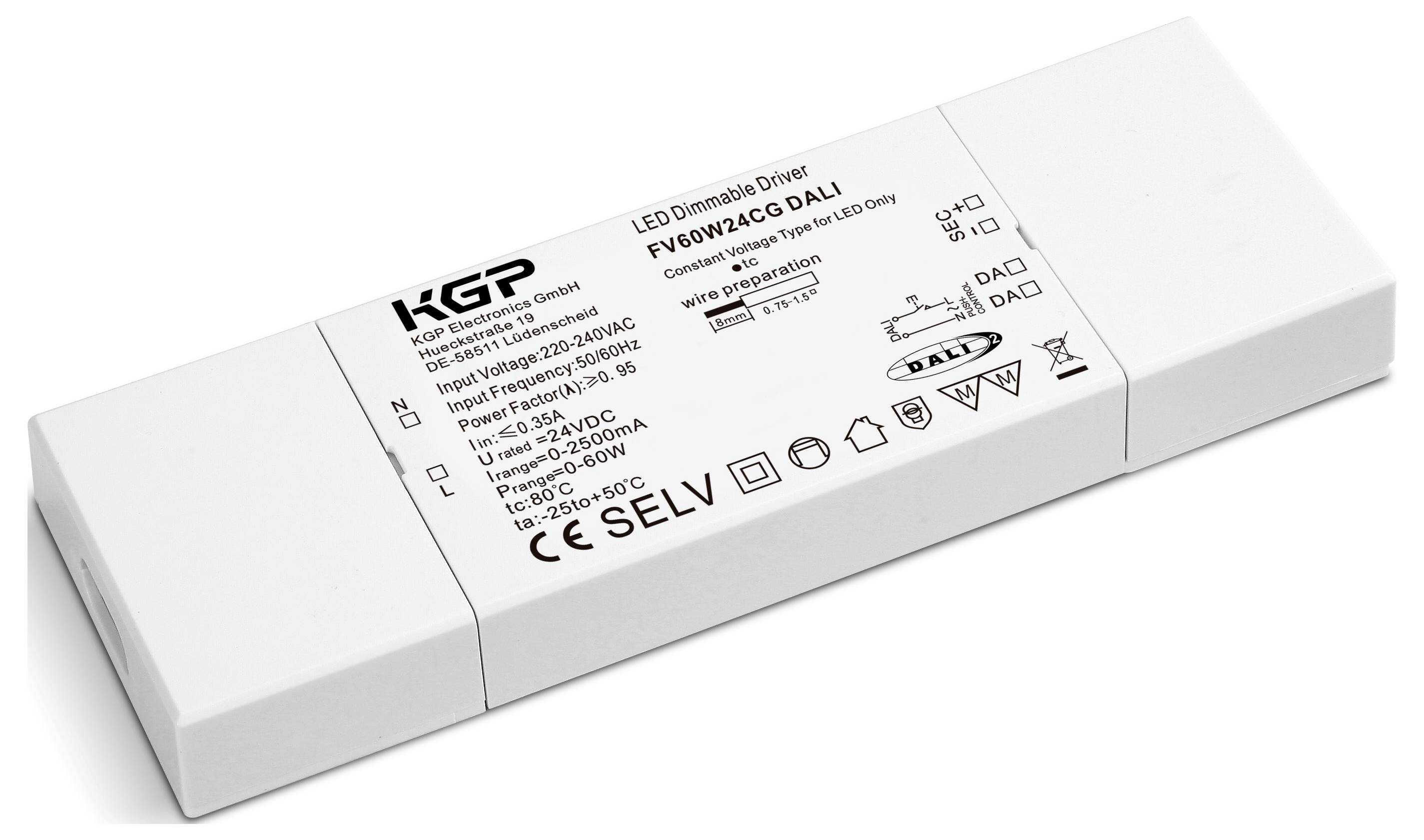 Ein weißes rechteckiges LED-Dimmertreiber mit technischen Spezifikationen und Symbolen, einschließlich DALI-Kompatibilität und Ein-/Ausgabedetails.