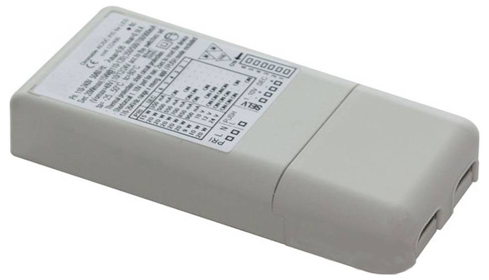 Ein rechteckiges elektronisches Gerät mit weißem Etikett und schwarzem Text, das technische Spezifikationen und ein Diagramm zeigt und zur Stromregelung verwendet wird.