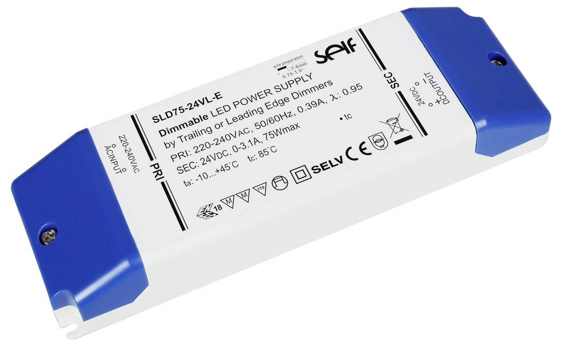 Dimmbares LED-Netzteil, Modell SLD75-24VL-E, unterstützt Phasenanschnitt- oder Phasenabschnitt-Dimmer. Eingänge 220-240V AC; Ausgänge 24V DC, max. 75W.