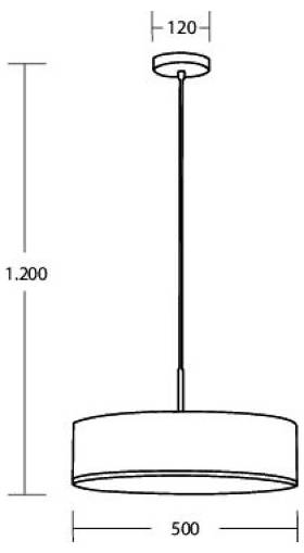 Hängeleuchten-Diagramm mit einer zylindrischen Leuchte an einem langen Kabel; die Abmessungen zeigen eine Deckenhalterung von 120 mm Breite, einen Lampenschirm mit 500 mm Durchmesser und eine Gesamthöhe von 1.200 mm.