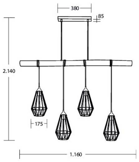 Maßstabgetreue Zeichnung eines vierlichtigen geometrischen Pendelleuchters, der eine Gesamthöhe von 2.140 mm und eine Breite von 1.160 mm zeigt, mit 380 mm Deckenmontage und 85 mm Tiefe.