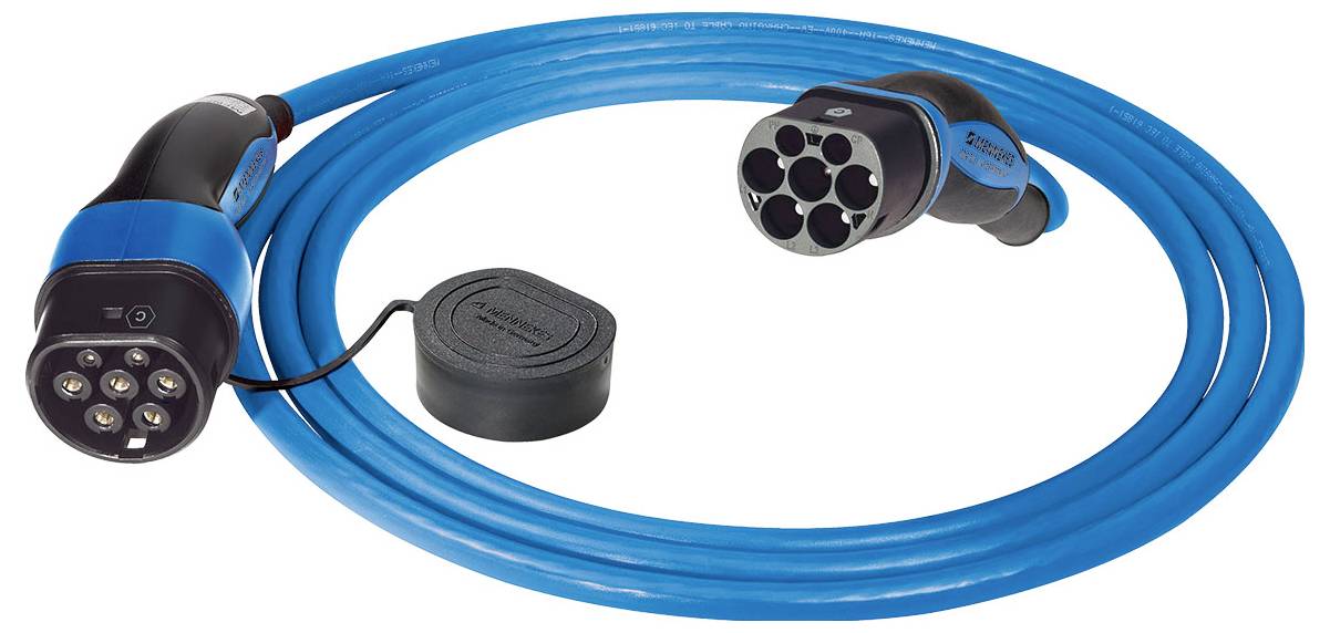 Blaues Elektrofahrzeug-Ladekabel mit mehreren Steckern und einer Schutzkappe am Kabelstecker, entwickelt für effizientes Laden.
