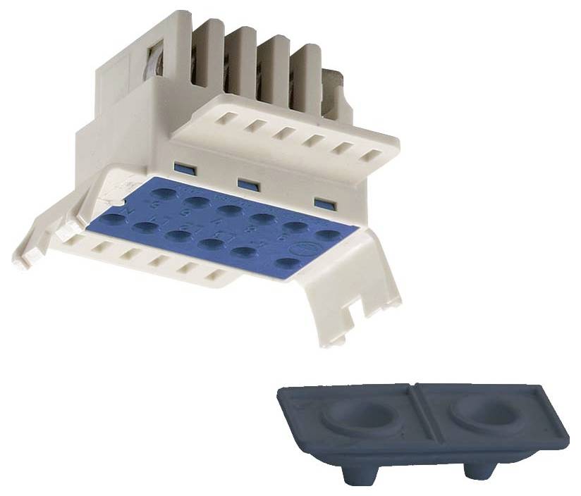 Elektrischer Stecker mit Kontakten und blauem Sockel, gezeigt neben einer abnehmbaren schwarzen Abdeckung.