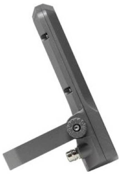 Schwarzes abgewinkeltes mechanisches Gerät mit langem Arm und verstellbarem Scharnier, gezeigt vor einfachem weißem Hintergrund.