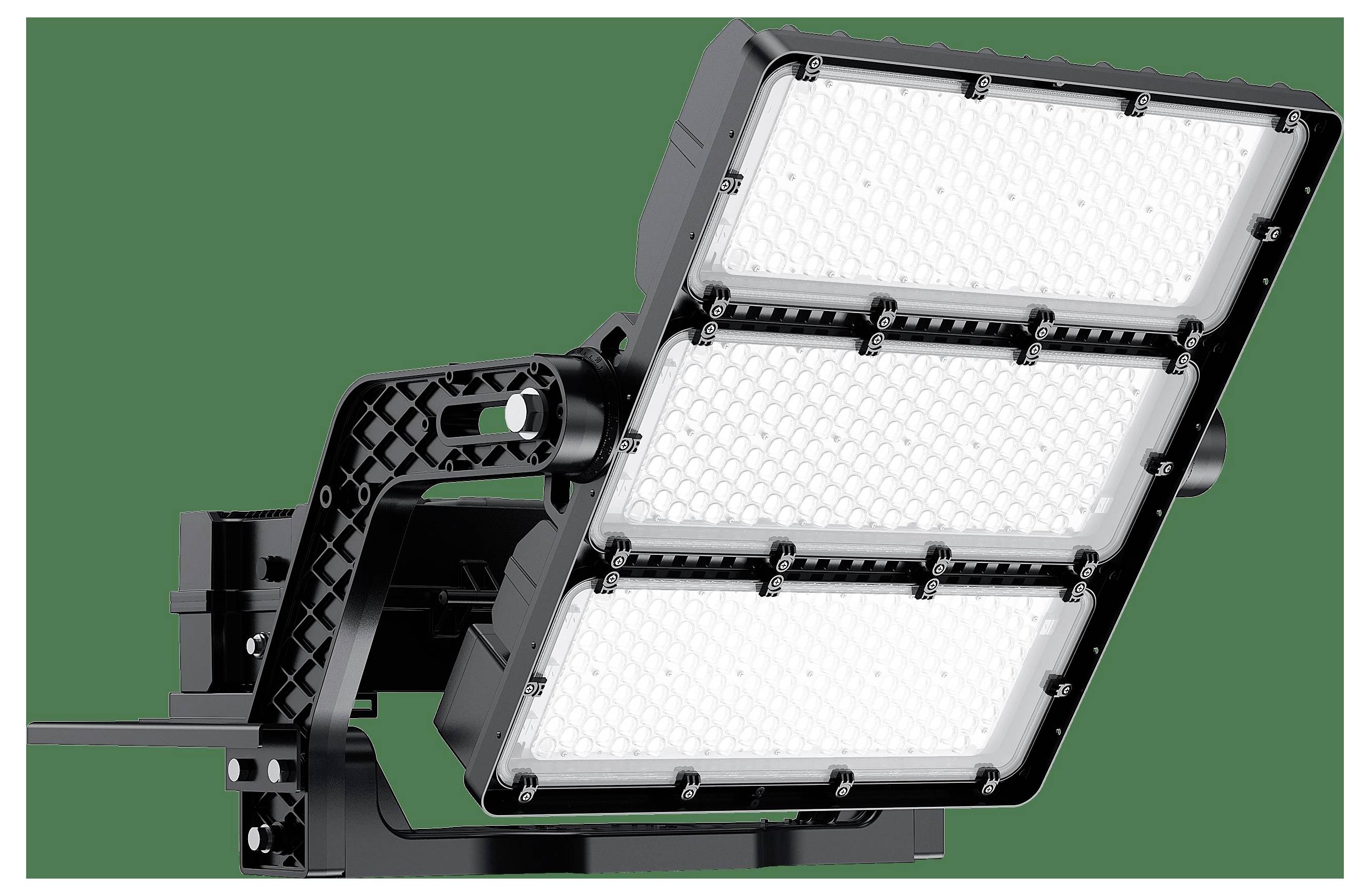 Eine LED-Flutlichtleuchte aus Metall mit einem Gitter aus hellen, weißen Lichtern, auf einer verstellbaren Halterung montiert, vor einem einfarbig grünen Hintergrund positioniert.