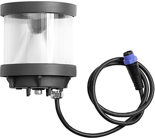 Ein zylindrisches LED-Licht mit transparenten gerippten Seitenflächen und einem dunklen oberen und unteren Gehäuse, das mit einem aufgerollten schwarzen Stromkabel verbunden ist.