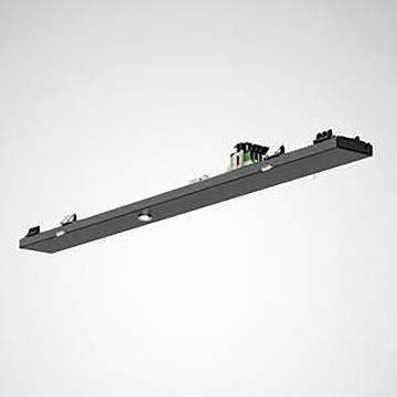 Schwarzte lineare Schienenlicht-Leuchte mit integrierten Spotlights, an der Decke montiert, mit minimalističhem Design für moderne Innenräume.
