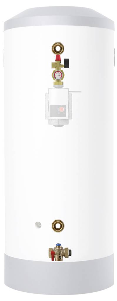 Ein weißer zylindrischer Warmwasserspeicher mit Steuerventilen und einem Thermometer auf der Vorderseite. Die Unterseite verfügt über einen Ausgangsanschluss.