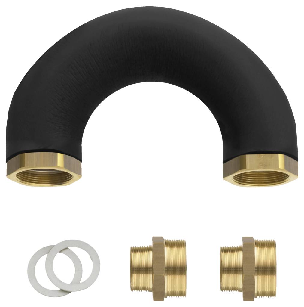 Ein U-förmiger schwarzer Rohranschluss mit Messingenden, begleitet von zwei Messingarmaturen und zwei Dichtungen, wahrscheinlich für Sanitärverbindungen verwendet.